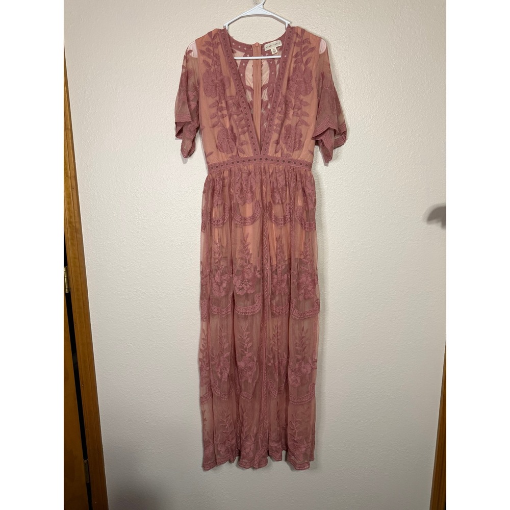 Honey Punch Pink Floral Embroidered Mesh Maxi Dress Romper Lining Medium Boho